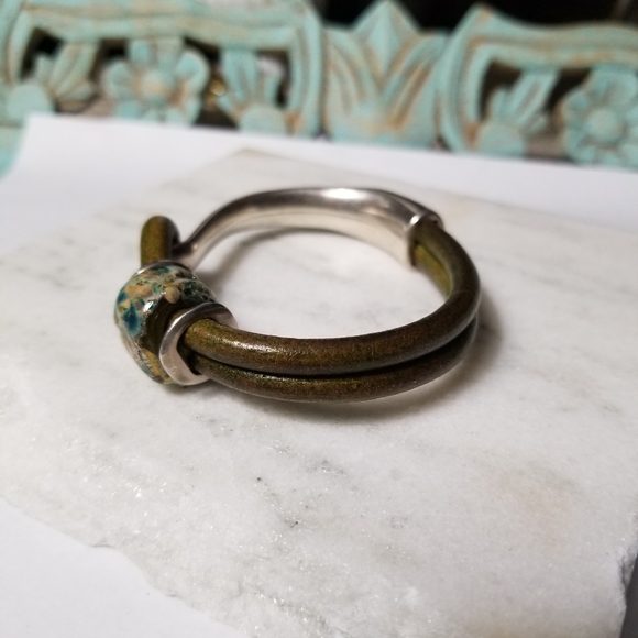 Silver Metal & Olive Leather Cord Bracelet With Bead Accent - Picture 5 of 7